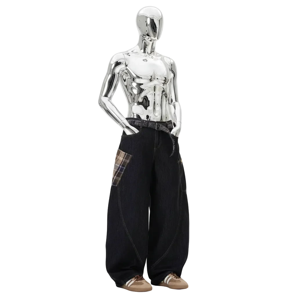 plaid baggy barrel jeans