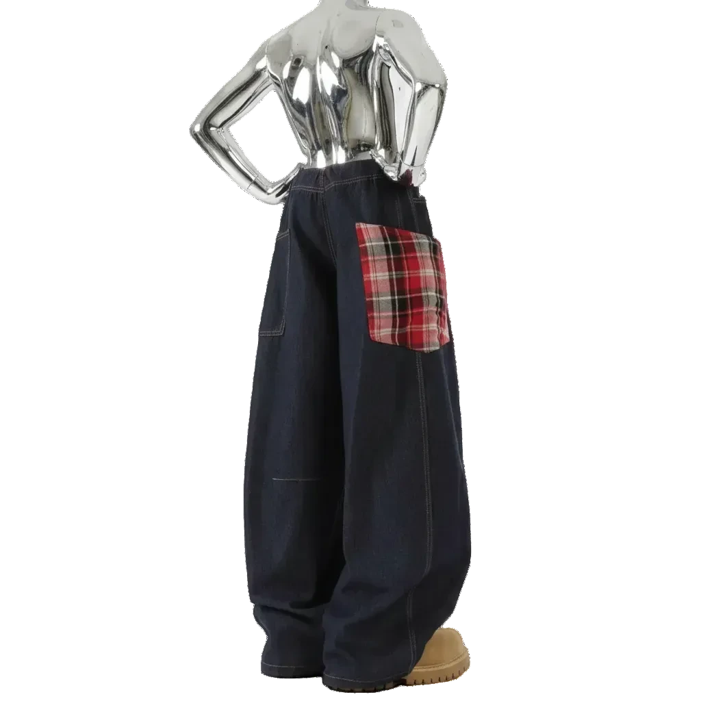 plaid baggy barrel jeans