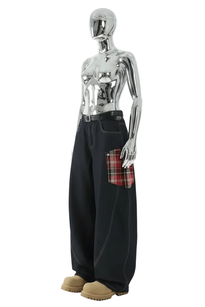 plaid baggy barrel jeans